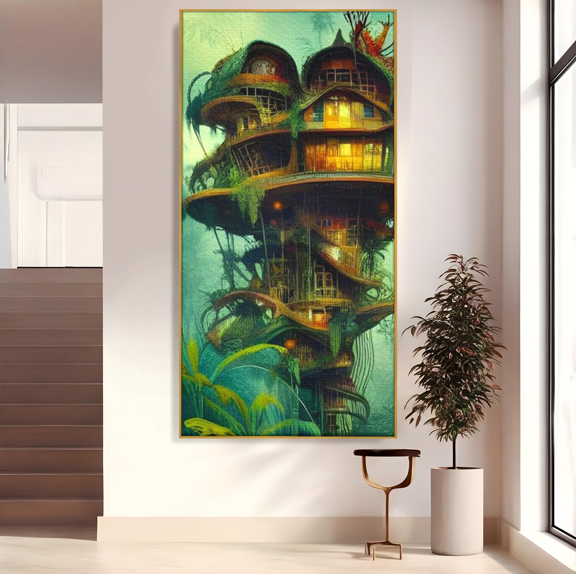 Tablou canvas cu ilustratie digitala cu turn in copac, in rama de aluminiu auriu